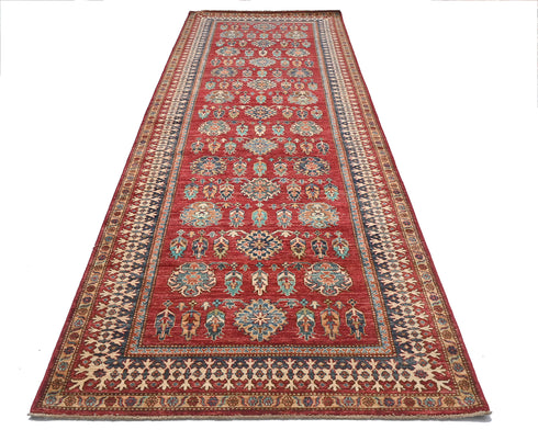 12 Feet Red Kazak Afghan Hand Knotted Wool Runner Rug